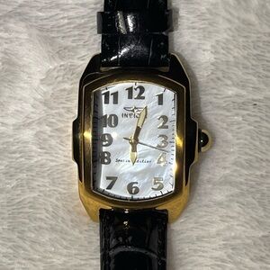 Invicta Lupah special edition mother of pearl gold watch with black leather band